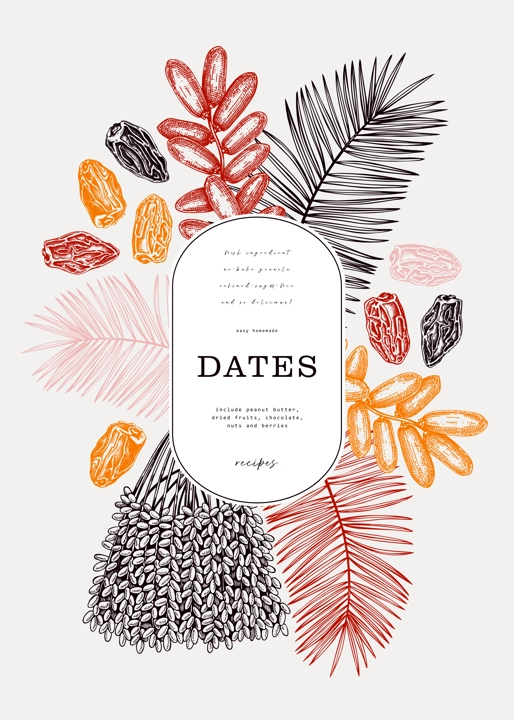 Date fruits frame design. Hand drawn vector illustration. Dates, palm leaves, dried fruits, sketches. Exotic fruit design template. Realistic oriental sweets background